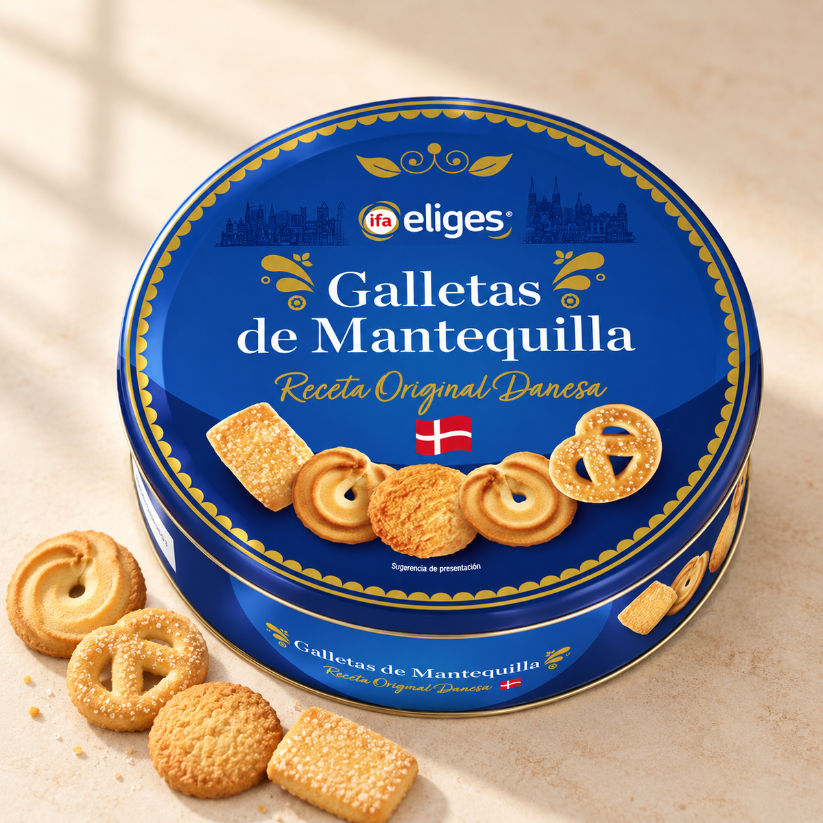 Lata azul de galletas de mantequilla danesas