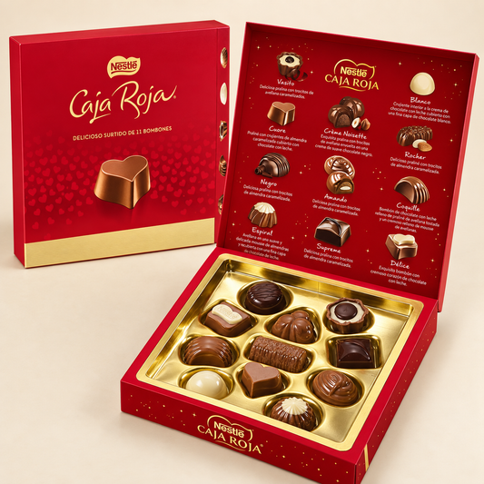 Bombones Nestlé Caja Roja con estuche cerrado y surtido abierto