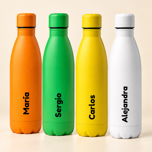 Botellas de acero personalizadas en naranja, verde, amarillo y blanco