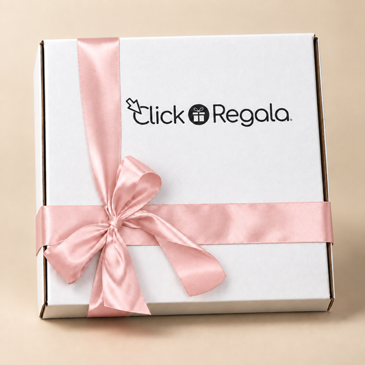 Caja blanca Click Regala cerrada con lazo rosa de satén