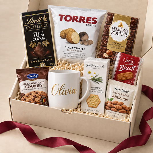 Caja regalo Dulce, Salado & Tú con taza personalizada Olivia y selección gourmet