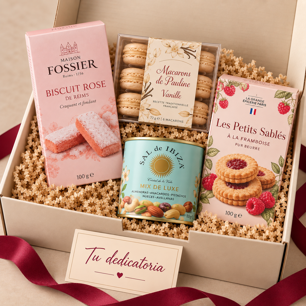Caja Dulces Tentaciones de Click Regala con especialidades francesas, frutos secos y dedicatoria