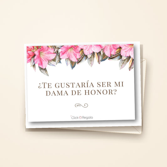 Tarjeta DAMA DE HONOR presentada con sobre sobre fondo crema