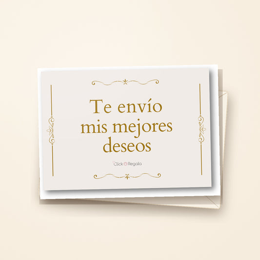 Tarjeta MIS MEJORES DESEOS presentada con sobre sobre fondo crema