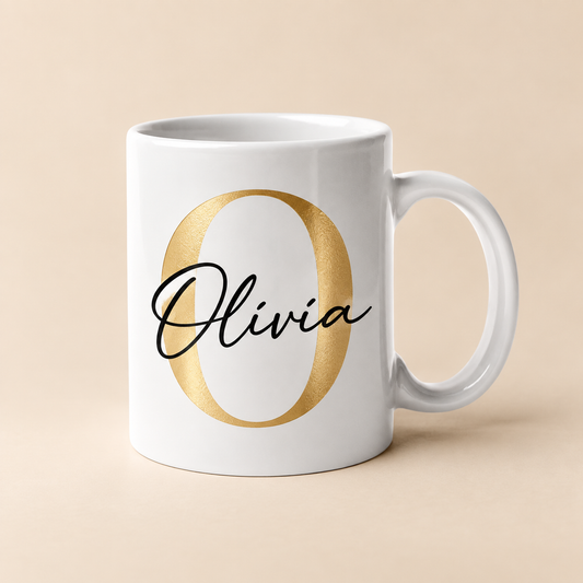 Taza personalizada Nombre más Inicial con O dorada y nombre Olivia