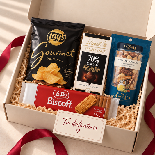 Caja regalo Un Capricho con Finca La Rosala, Lay's Gourmet, Lindt y Lotus Biscoff